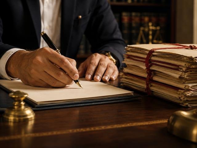 Hand writing on legal paper beside case files tied with red string