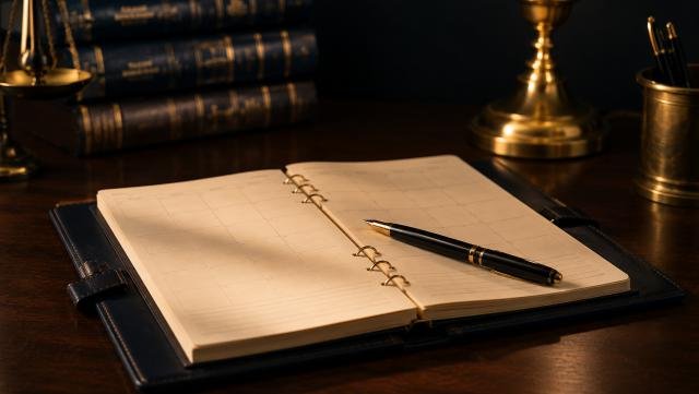 Open desk calendar with a fountain pen resting across the page