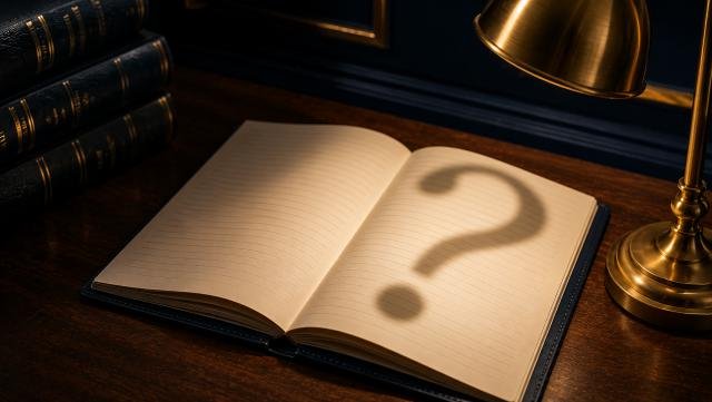 Open notebook with a question-mark shadow cast by a desk lamp