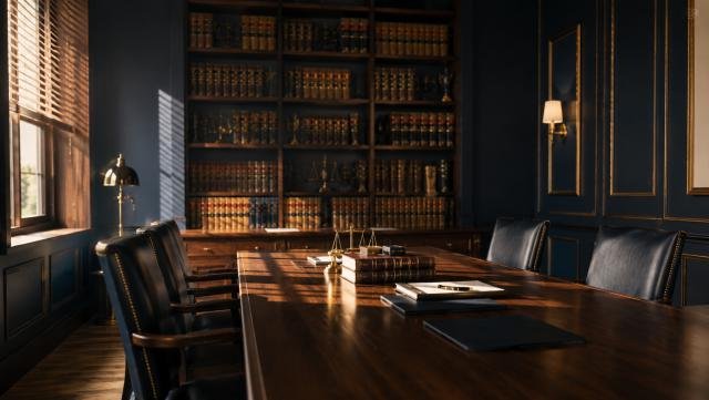 Empty modern law firm meeting room with wooden table and legal books