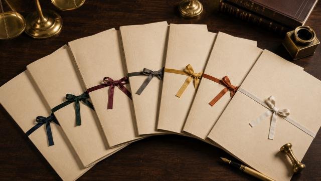 Seven legal document folders arranged on a desk representing law firm practice areas